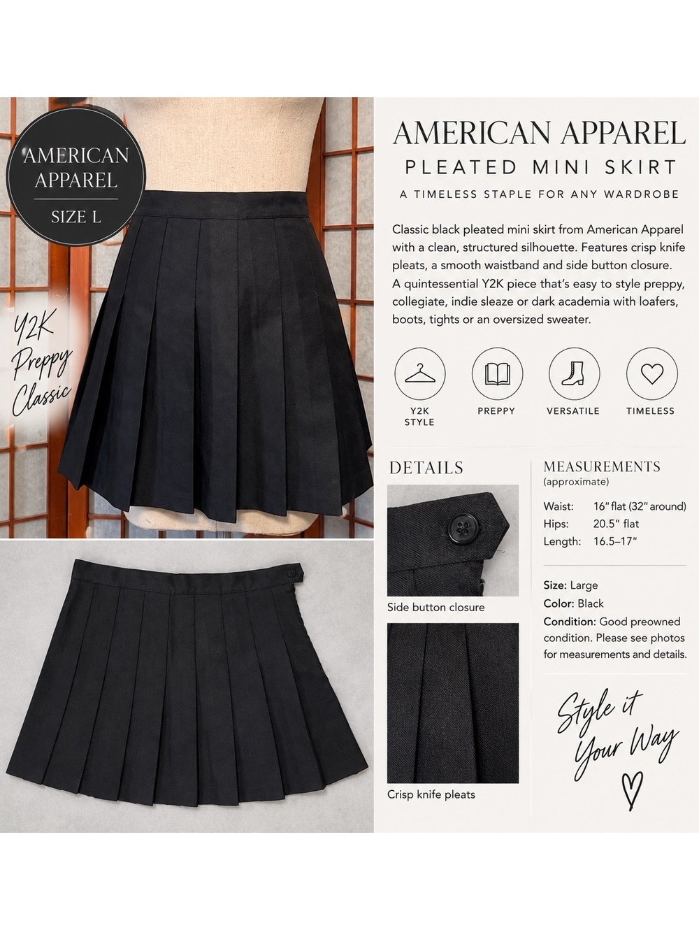 American Apparel Pleated Mini Skirt Black Size L Y2K Preppy